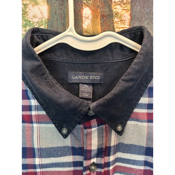 LAND'S END  (MENS XL 17-17.5) Button Up Plaid Corduroy Collar Shirt - Picture 2 of 6